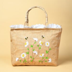 Jute+embroidery with cane handle bag