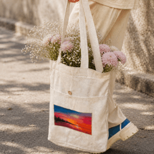 Canvas Hand Painted "Abstract Sunset Landscape Art" Single Pocket Tote Bag