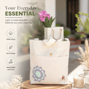 Canvas "Handwoven Crochet Bloom" Single Pocket Tote Bag