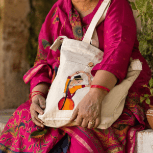 Canvas Hand Painted "Indian Folk Art Illustration" Single Pocket Tote Bag