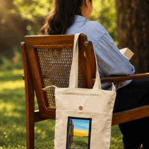 Canvas Hand Painted "Window to Nature Artwork" Single Pocket Tote Bag