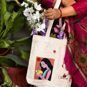 Canvas Hand Painted "Boho Girl Illustration Art" Single Pocket Tote Bag.